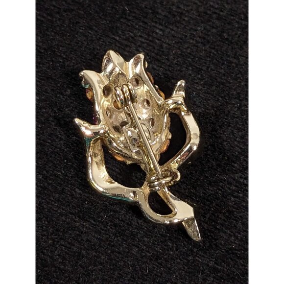 Vintage Pink Rhinestone Pave Tulip Flower Gold Tone Pin Brooch - Picture 5 of 6